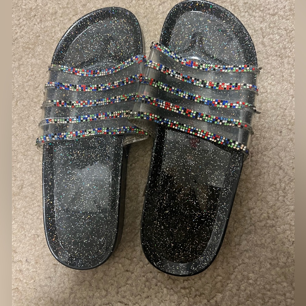 Black bedazzled slides size 8